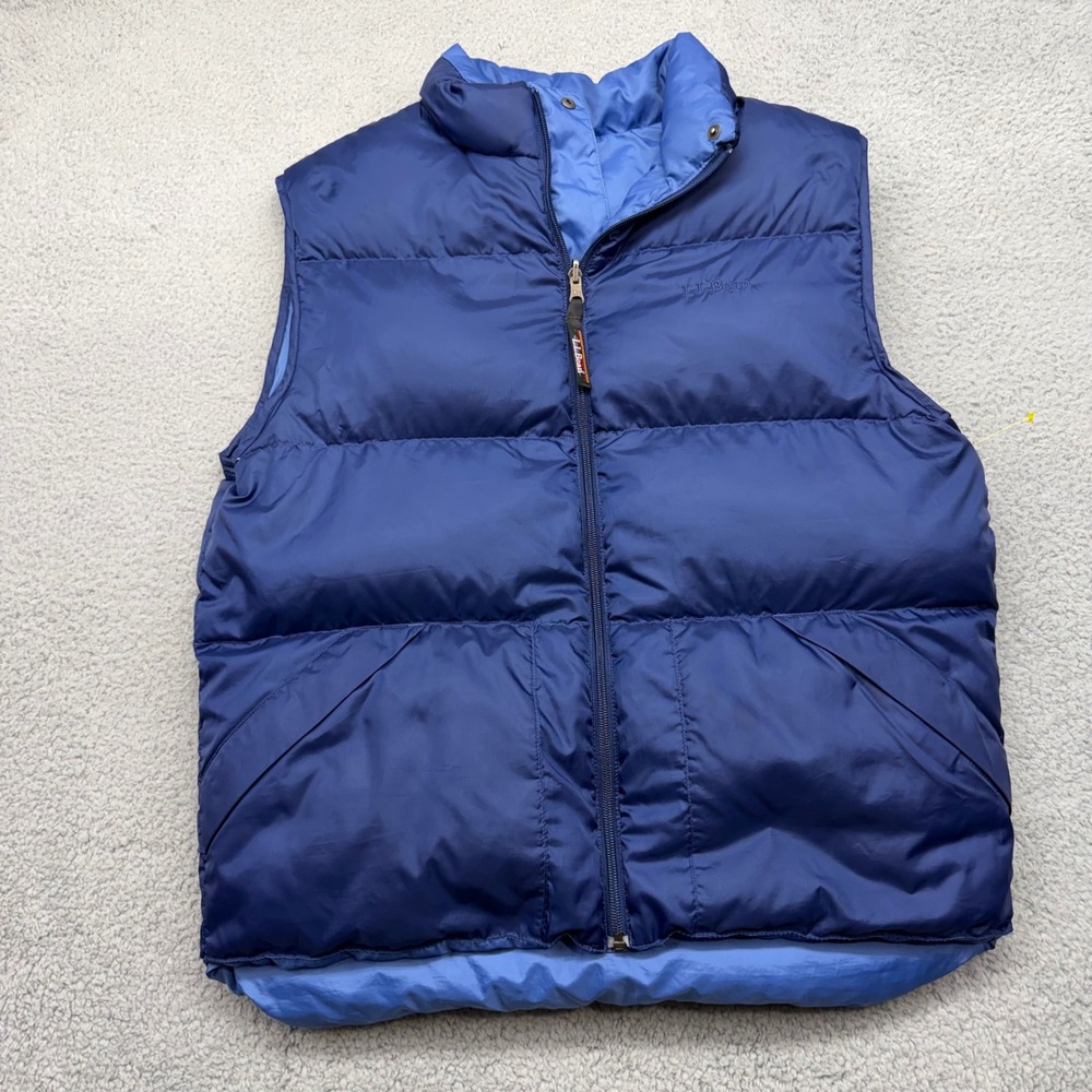 LL Bean OVC66 Mens Medium Navy Full Zip Quilted Goose Down Polyester Puffer Vest